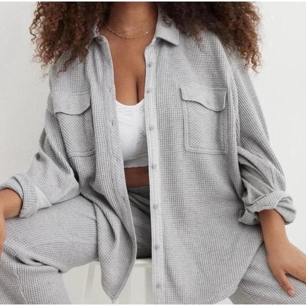 Aerie Oversized M Lumber Jane Waffle Knit Gray Button Up Shacket Cabincore Fall